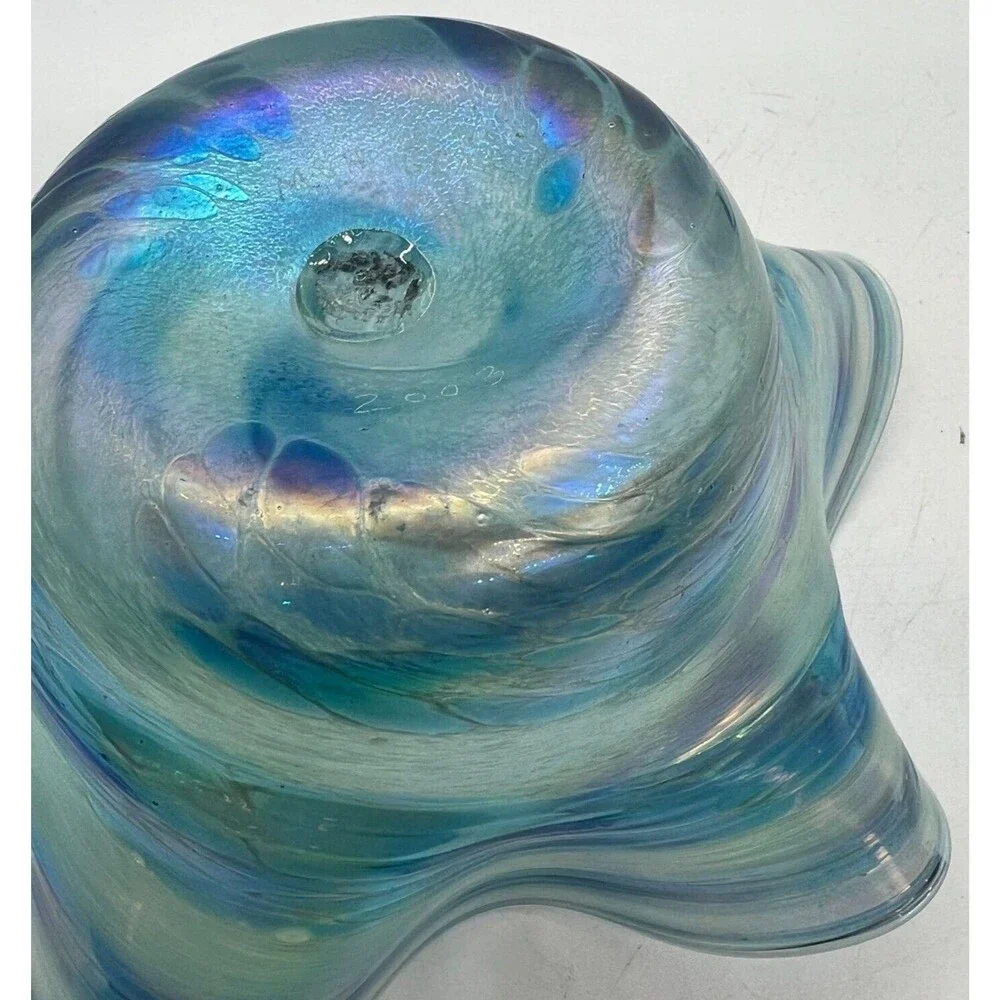 Signed art glass Blue Bowl swirls 2003 glass